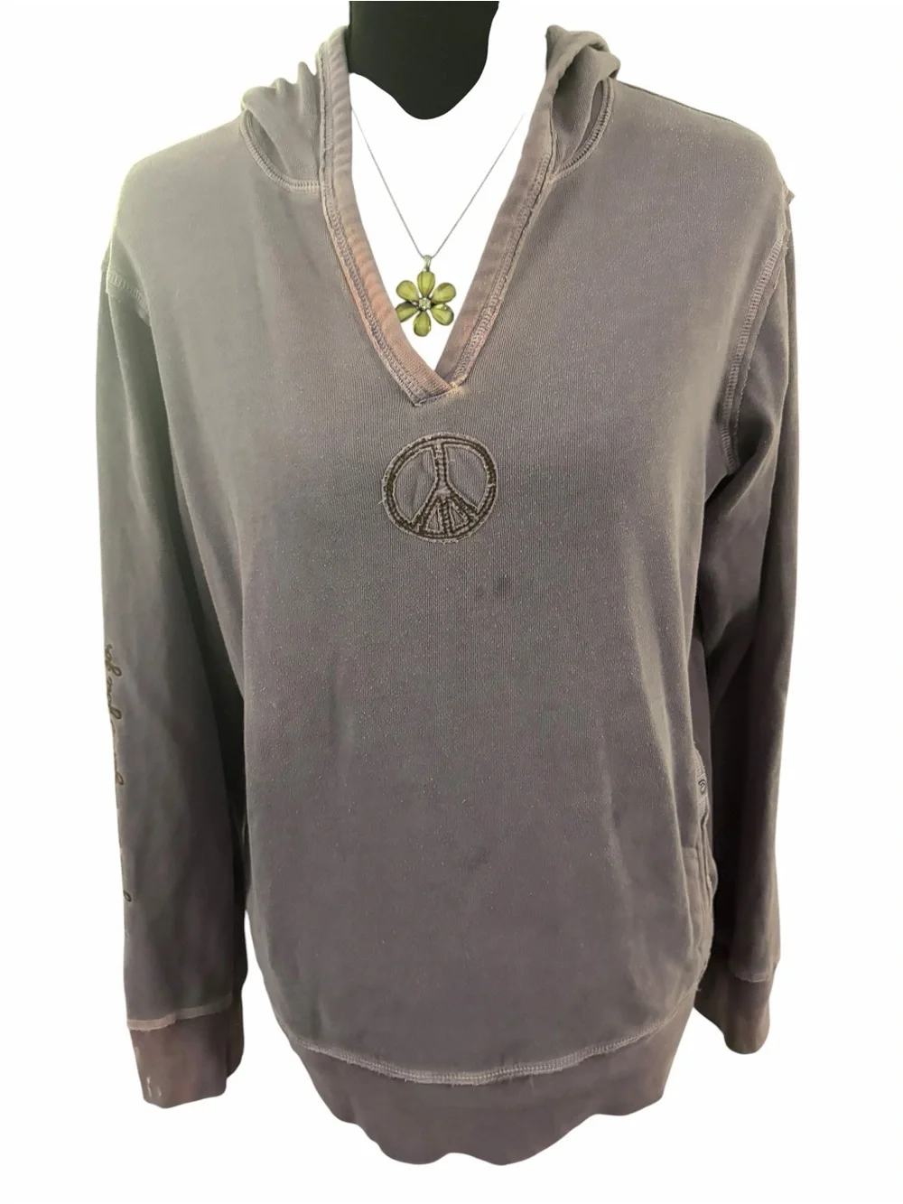 Women’s  Hooded Pullover Sweater with Peace Emblem - Charcoal